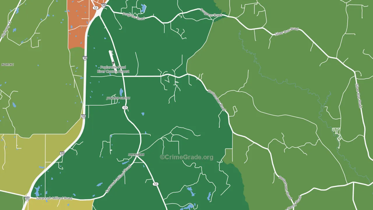 Savannah, MS Map of Theft Rates