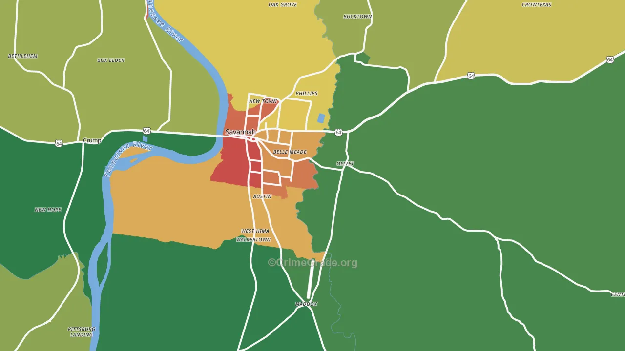 Savannah, TN Map of Theft Rates