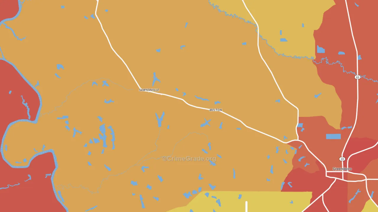 Sawyerville, AL Map of Theft Rates