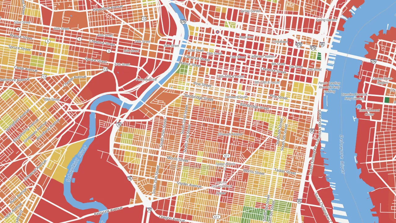 Schuylkill Southwest, Philadelphia, PA Map of Theft Rates