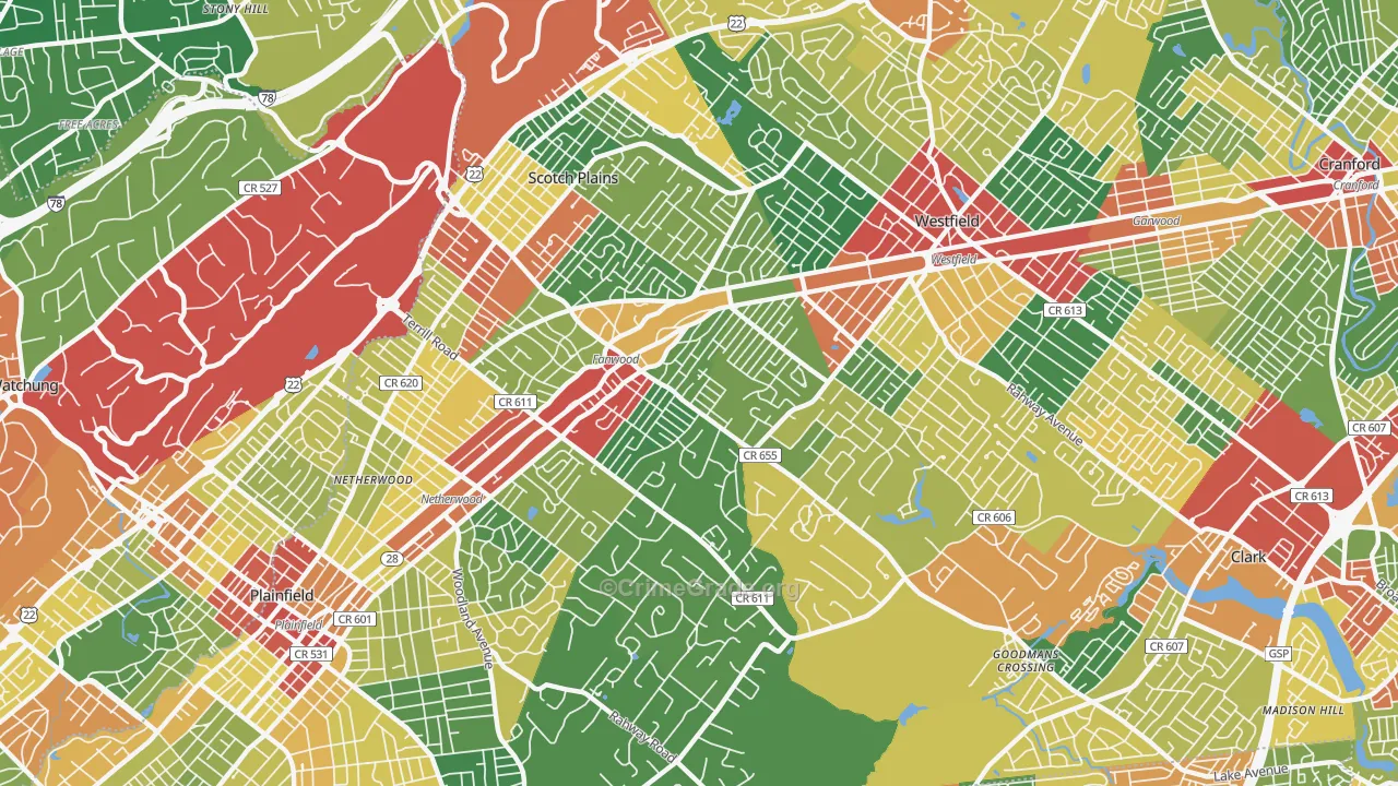 Scotch Plains, NJ Map of Theft Rates