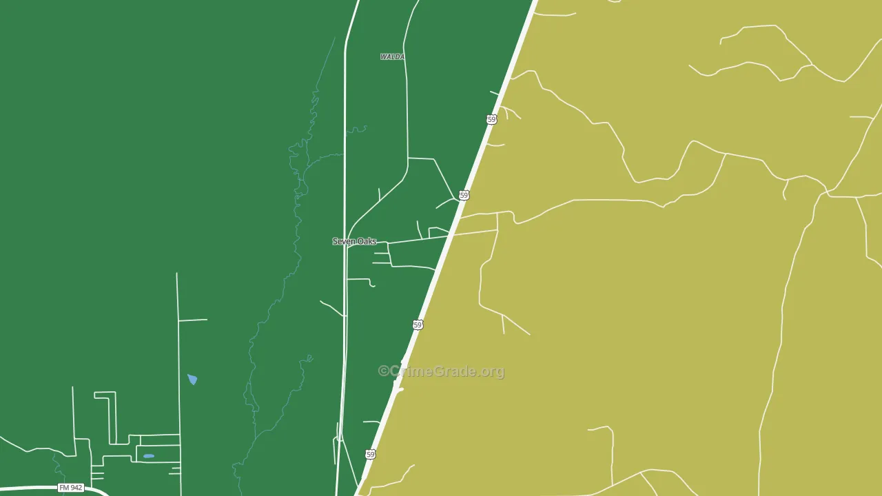Seven Oaks, TX Map of Theft Rates