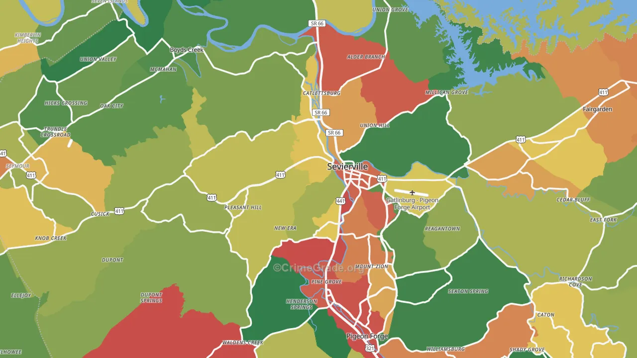 Sevier County, TN Map of Theft Rates