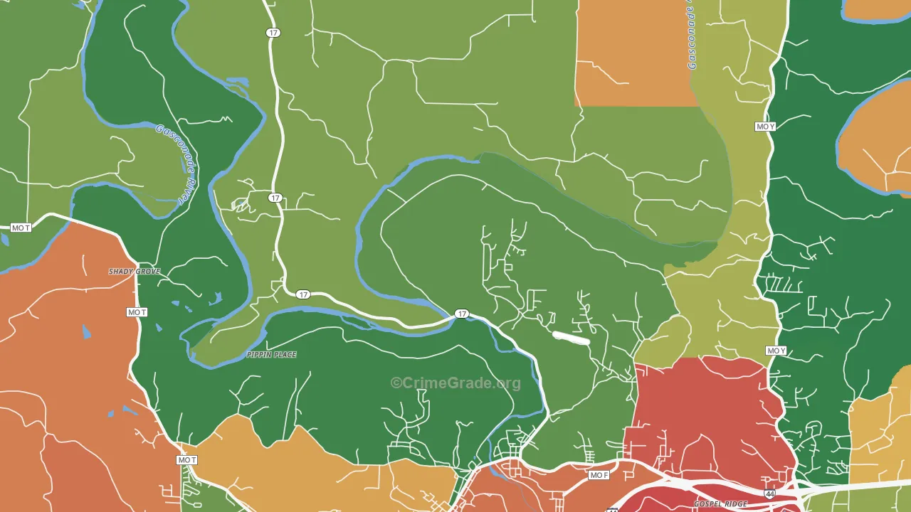 Shady Grove, MO Map of Theft Rates