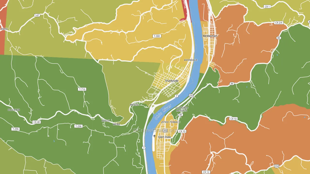 Shadyside, OH Map of Theft Rates