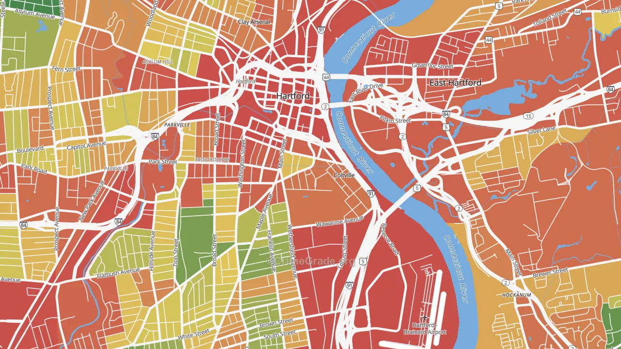 Sheldon Charter Oak, Hartford, CT Map of Theft Rates