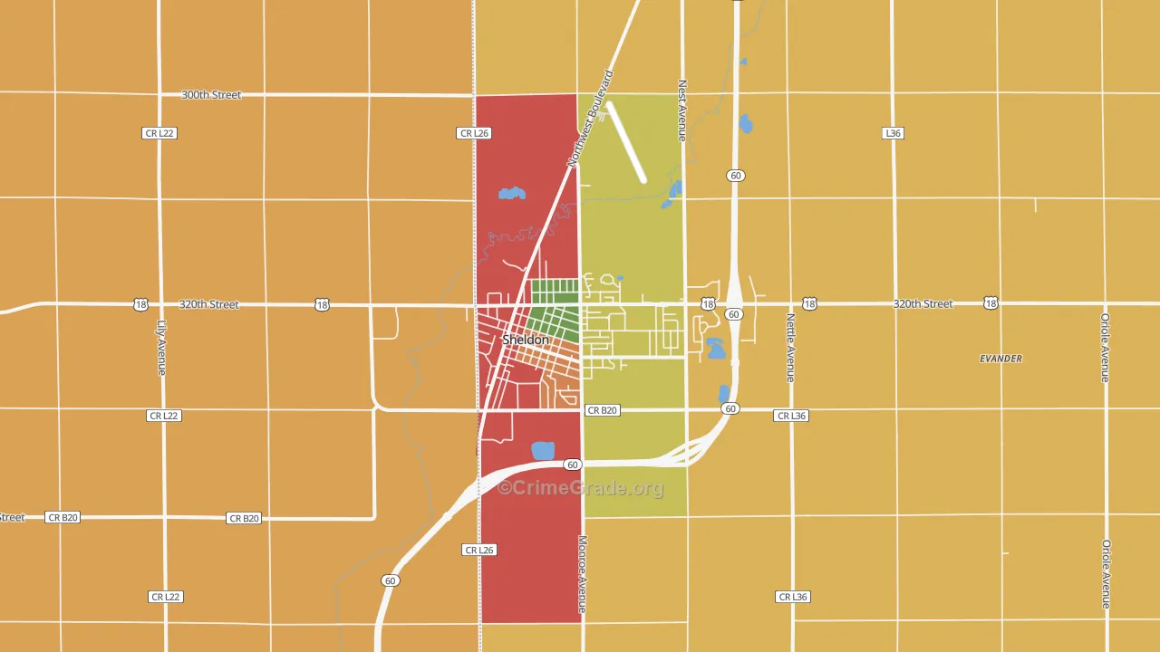 Sheldon, IA Map of Theft Rates