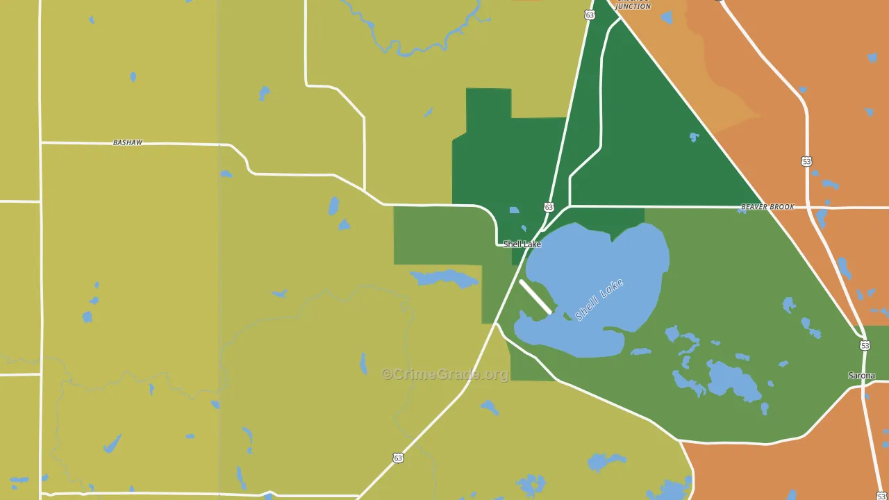 Shell Lake, WI Map of Theft Rates