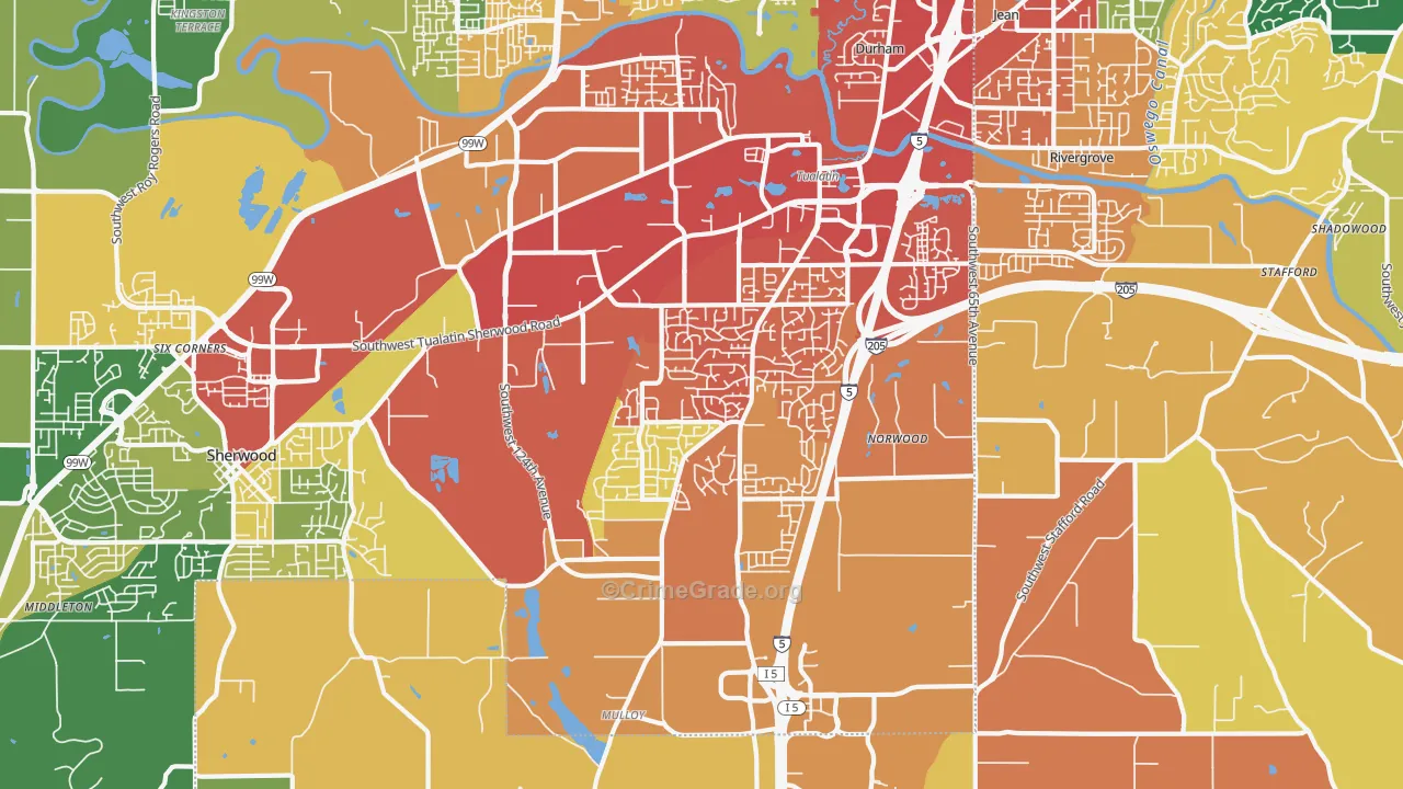 Sherwood-Tualatin South, Tualatin, OR Map of Theft Rates