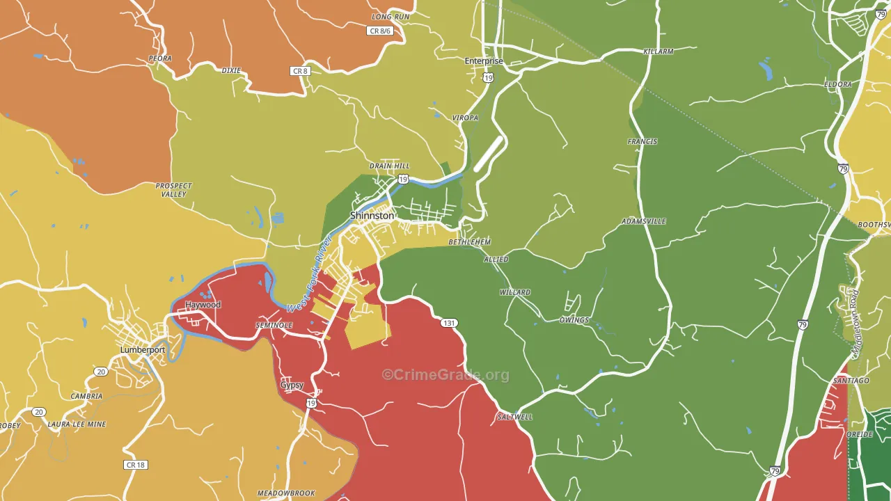 Shinnston, WV Map of Theft Rates