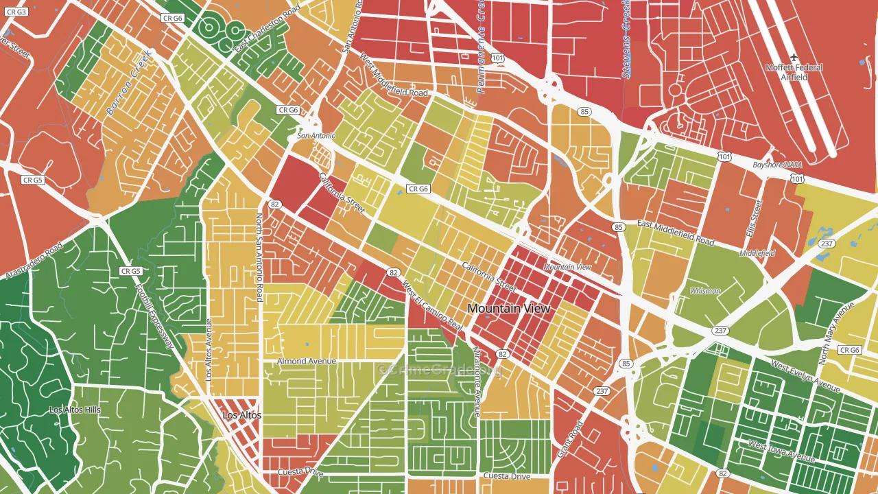 Shoreline West, Mountain View, CA Map of Theft Rates