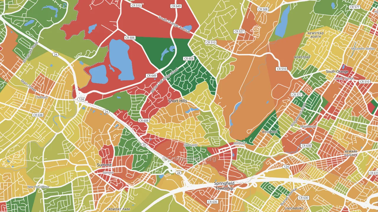 Short Hills, NJ Map of Theft Rates