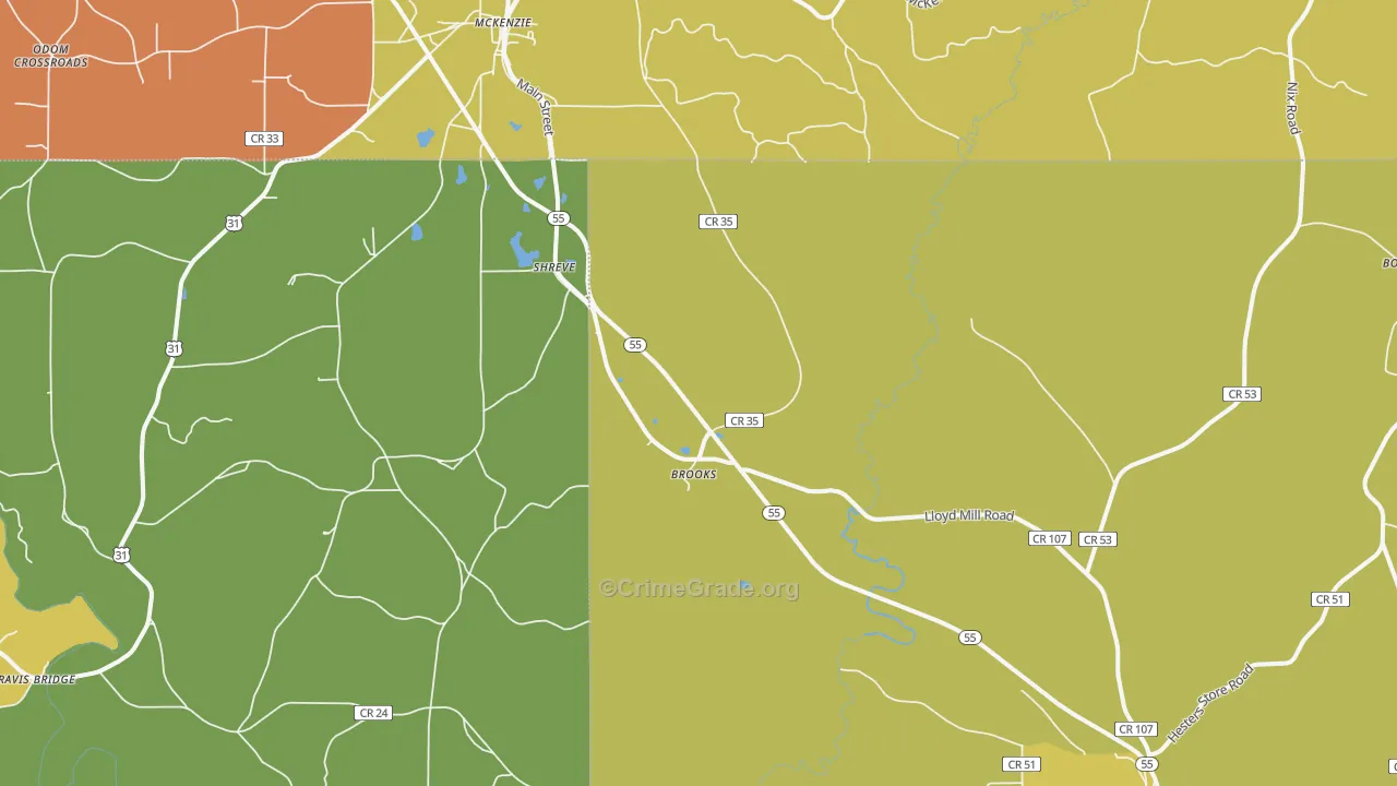 Shreve, AL Map of Theft Rates