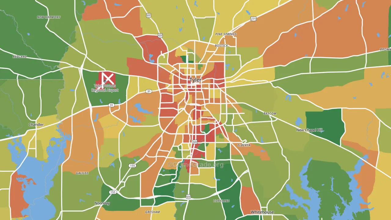 Smith County, TX Map of Theft Rates