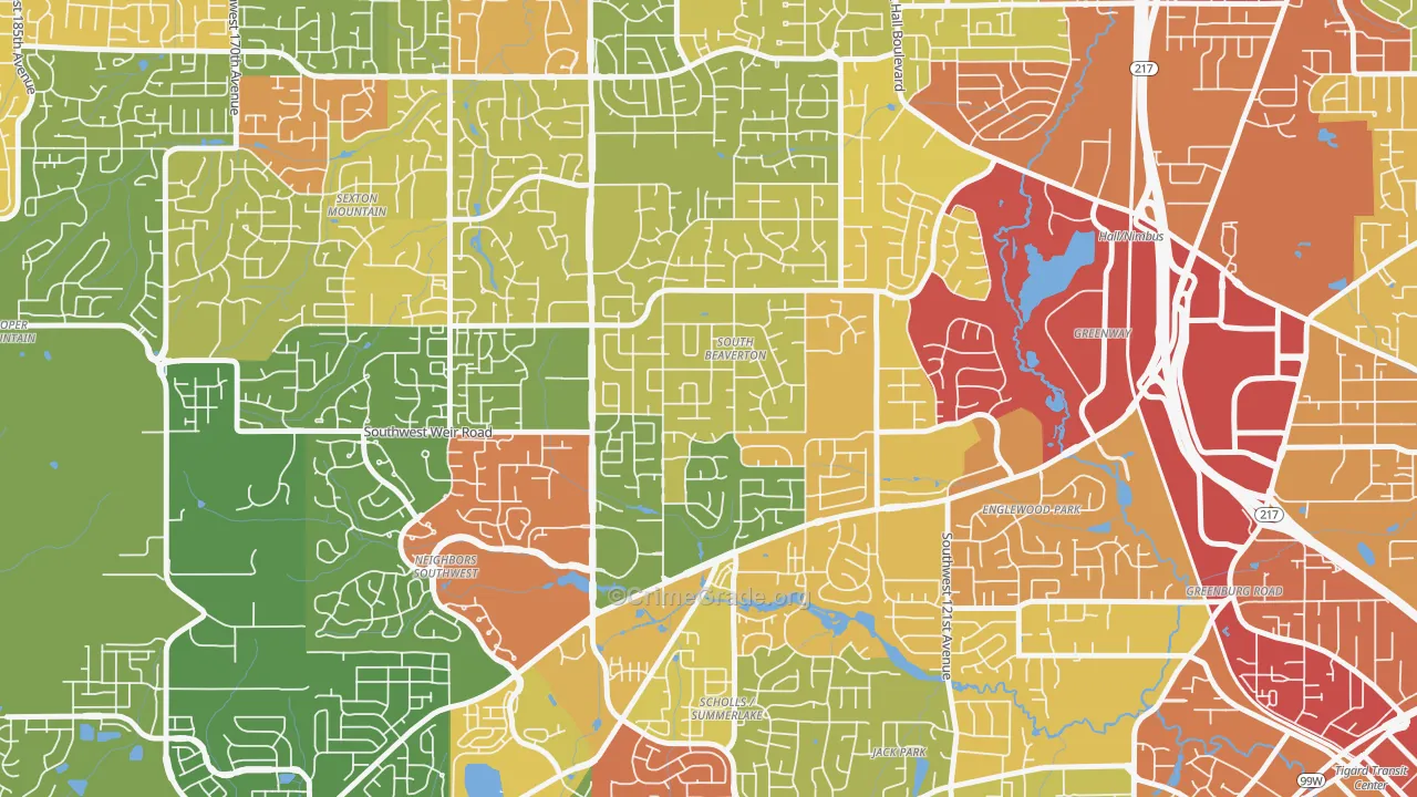 South Beaverton, Beaverton, OR Map of Theft Rates