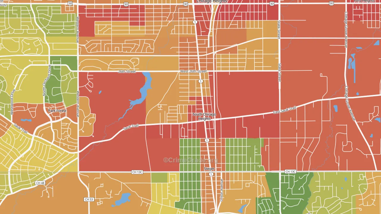South Chicago Heights, IL Map of Theft Rates