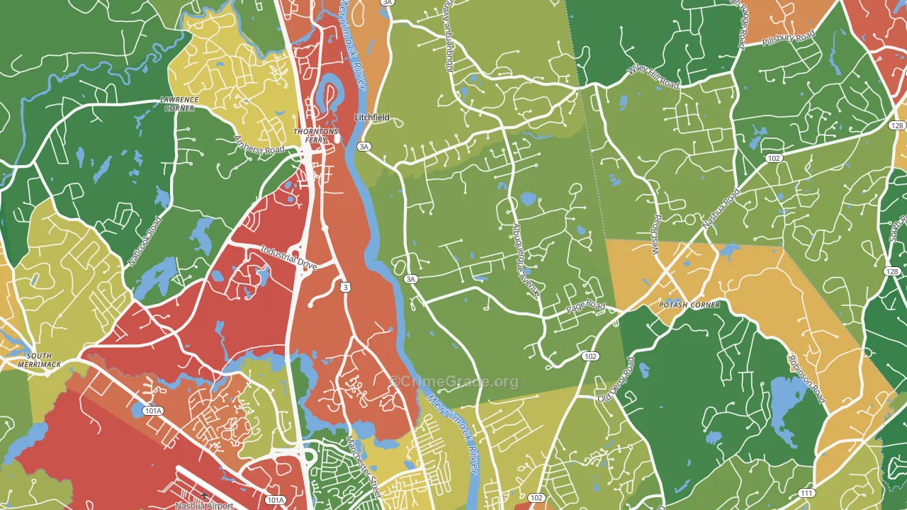 South End, Nashua, NH Map of Theft Rates