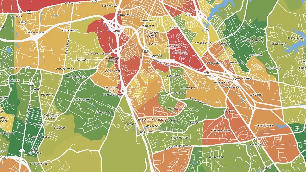 South Gate, Glen Burnie, MD Map of Theft Rates