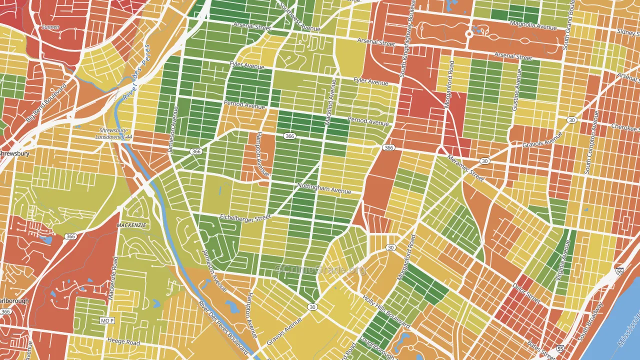 South Hampton, St. Louis, MO Map of Theft Rates
