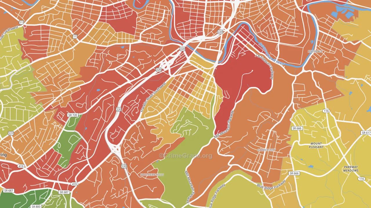 South Roanoke, Roanoke, VA Map of Theft Rates