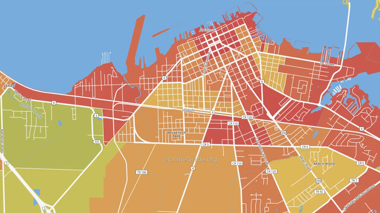 South Side, Sandusky, OH Map of Theft Rates