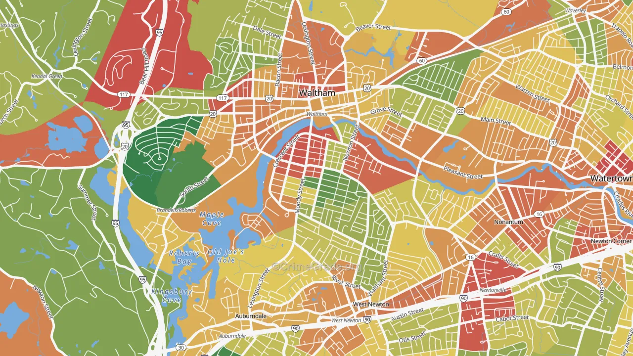 South Side, Waltham, MA Map of Theft Rates