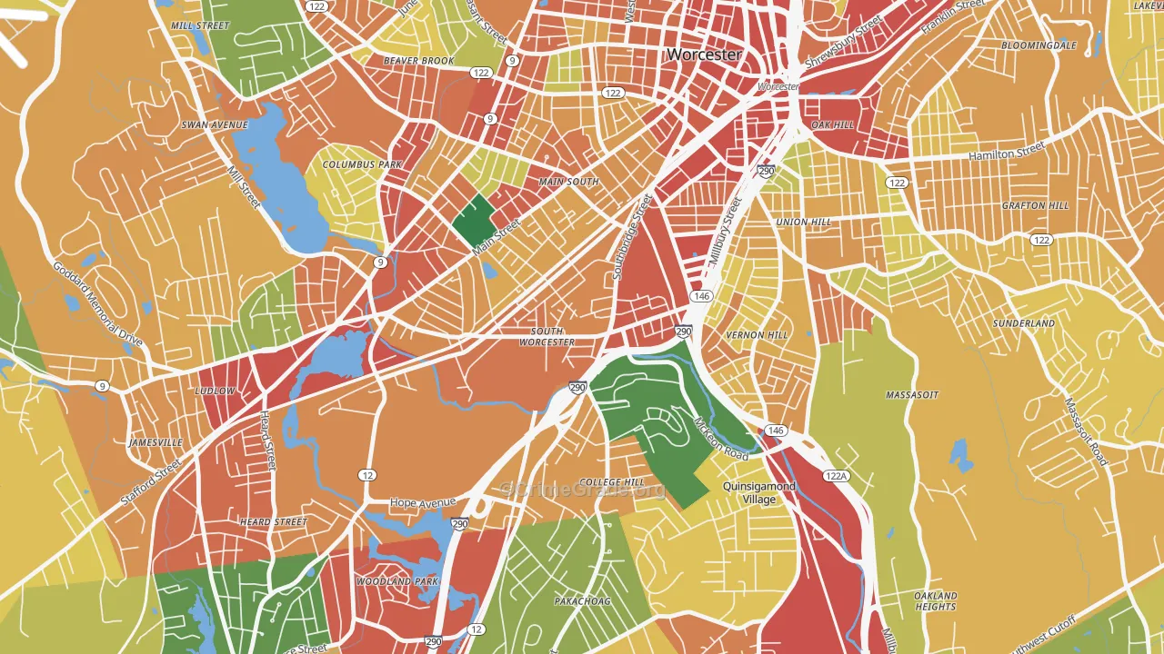 South Worcester, Worcester, MA Map of Theft Rates