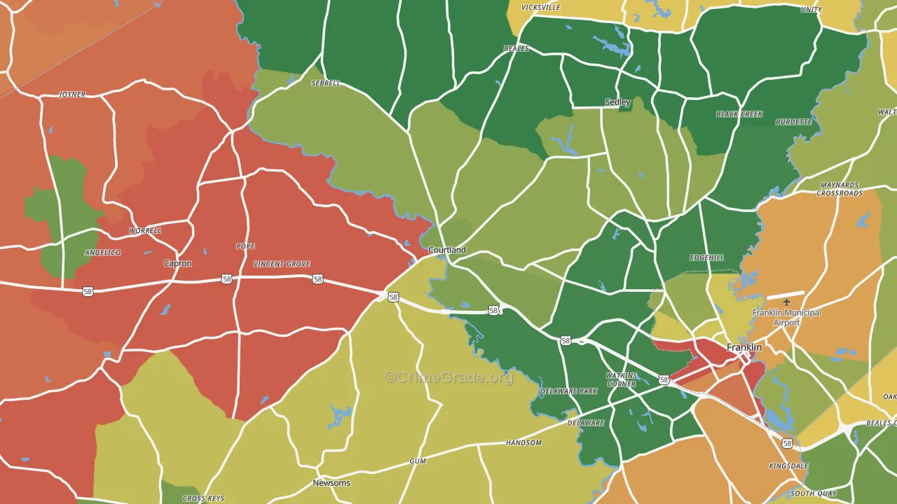 Southampton County, VA Map of Theft Rates