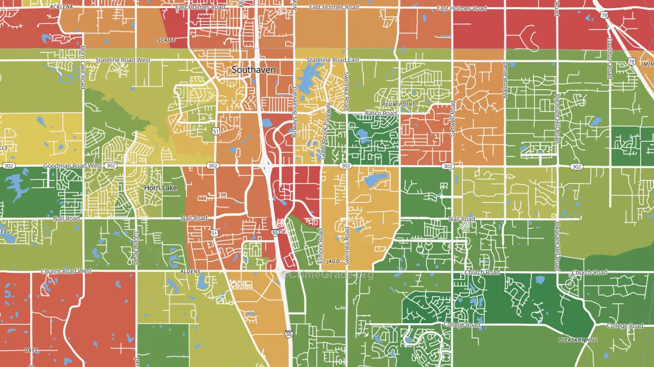 Southaven, MS Map of Theft Rates