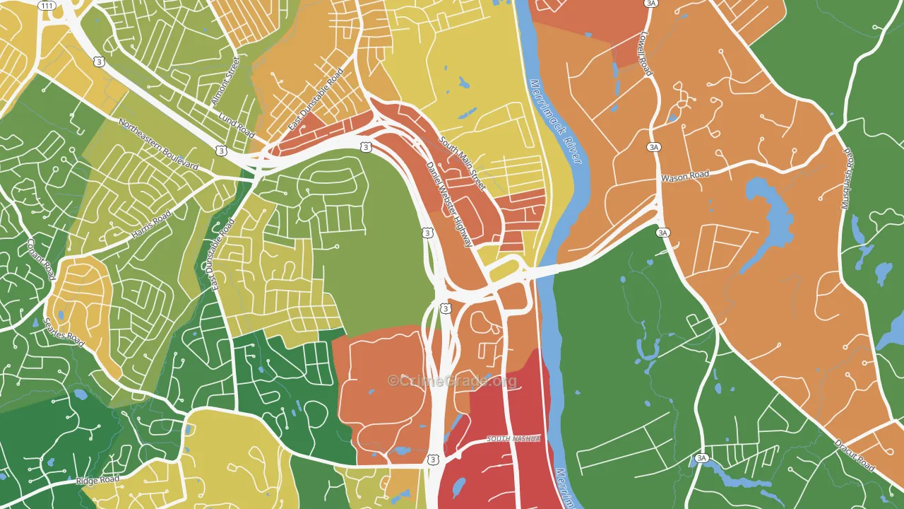 Southeast Nashua, Nashua, NH Map of Theft Rates