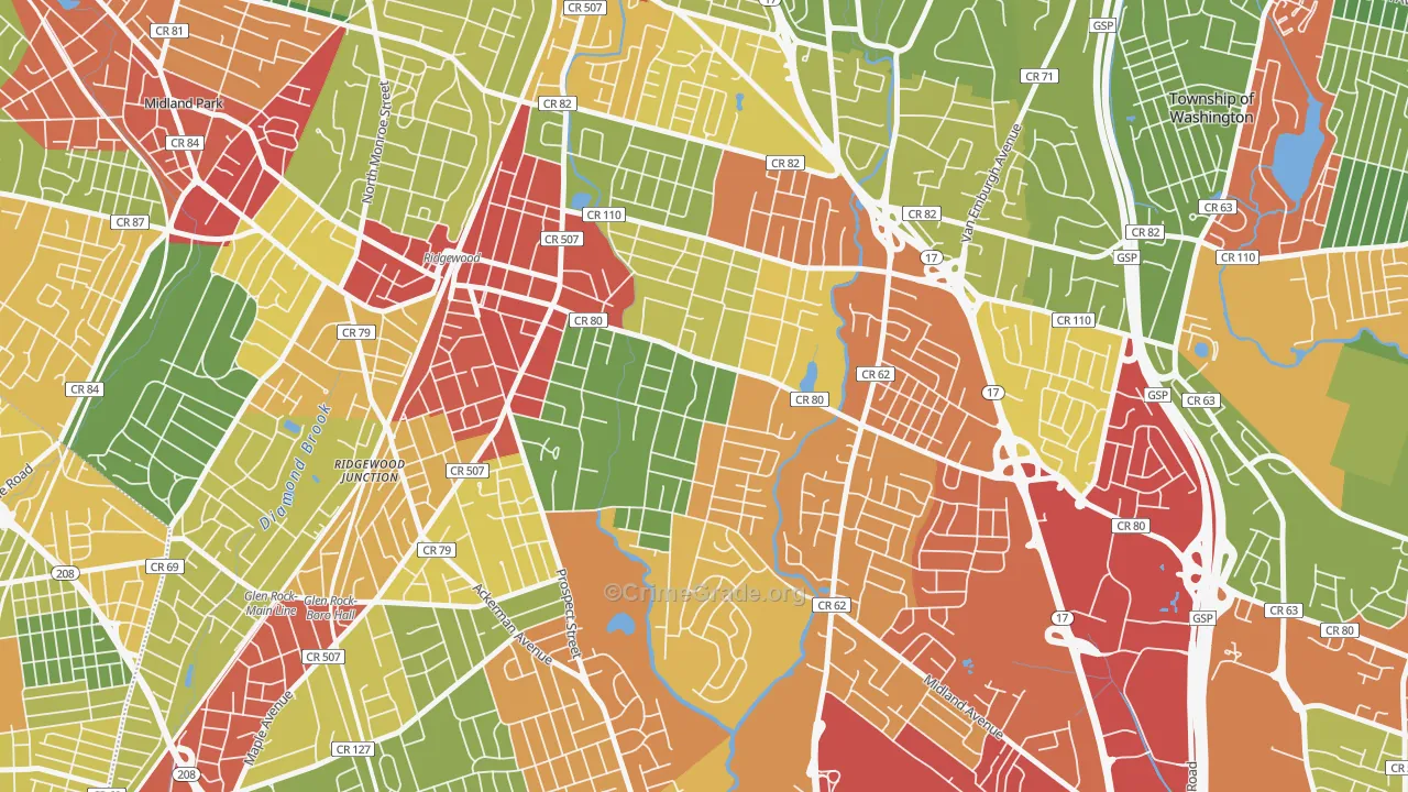 Southeast Ridgewood, Ridgewood, NJ Map of Theft Rates