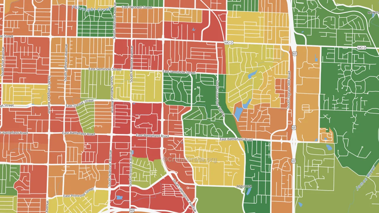 Southeast Springfield, Springfield, MO Map of Theft Rates