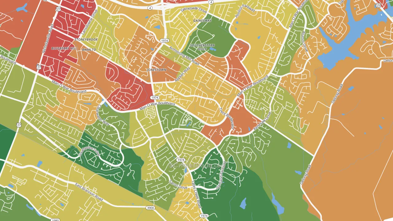 Southeastern Hills, Lexington, KY Map of Theft Rates