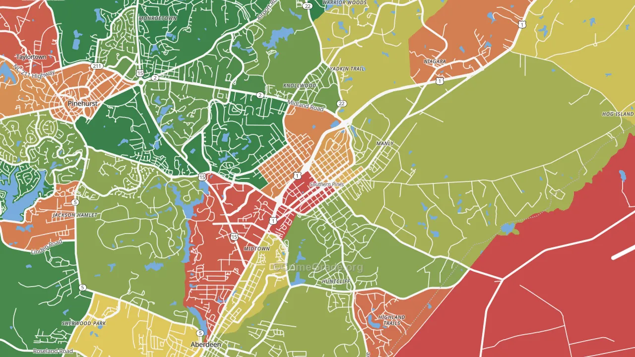 Southern Pines, NC Map of Theft Rates