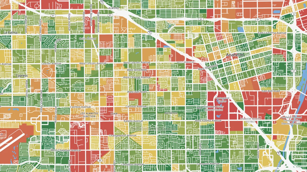 SouthWest Anaheim, Anaheim, CA Map of Theft Rates