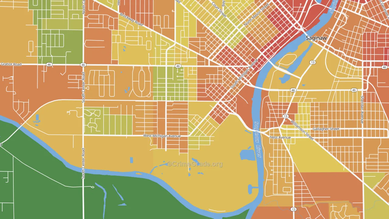 Southwest Saginaw, Saginaw, MI Map of Theft Rates