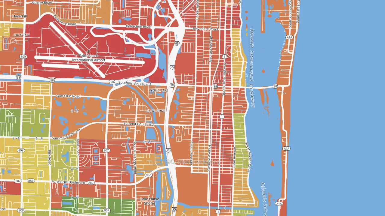 Southwest, West Palm Beach, FL Map of Theft Rates