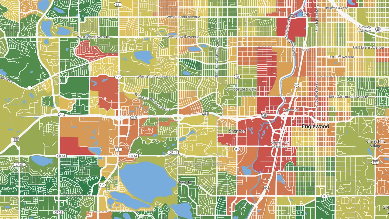 Southwestern Denver, Denver, CO Map of Theft Rates