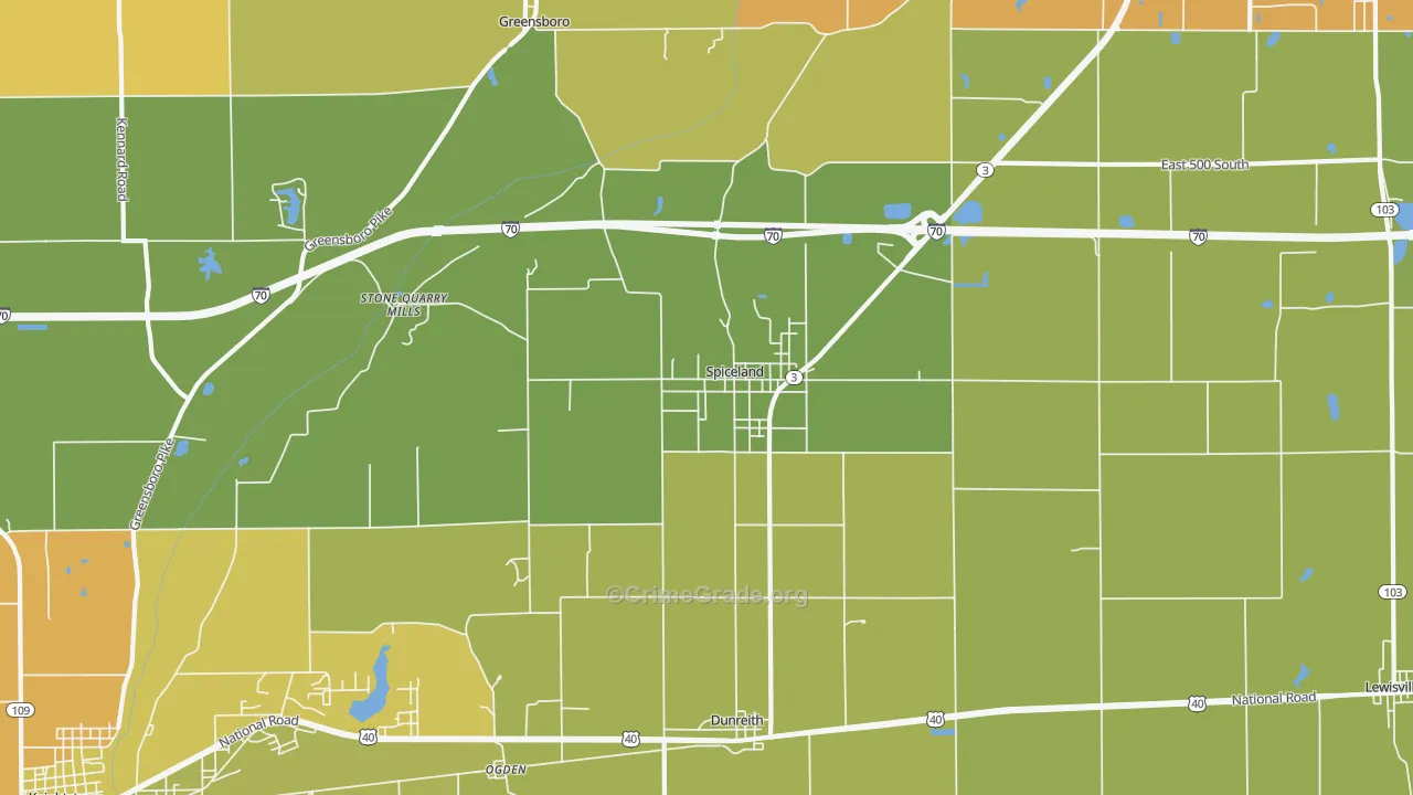 Spiceland, IN Map of Theft Rates