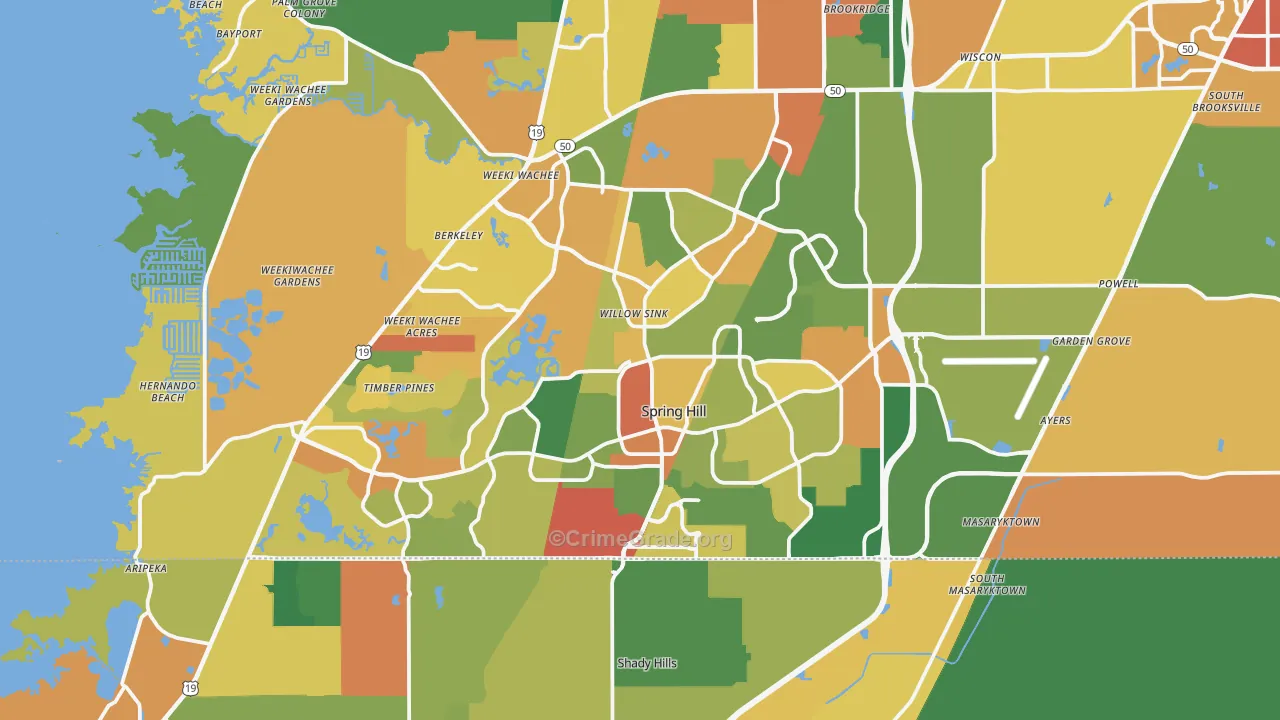 Spring Hill, FL Map of Theft Rates