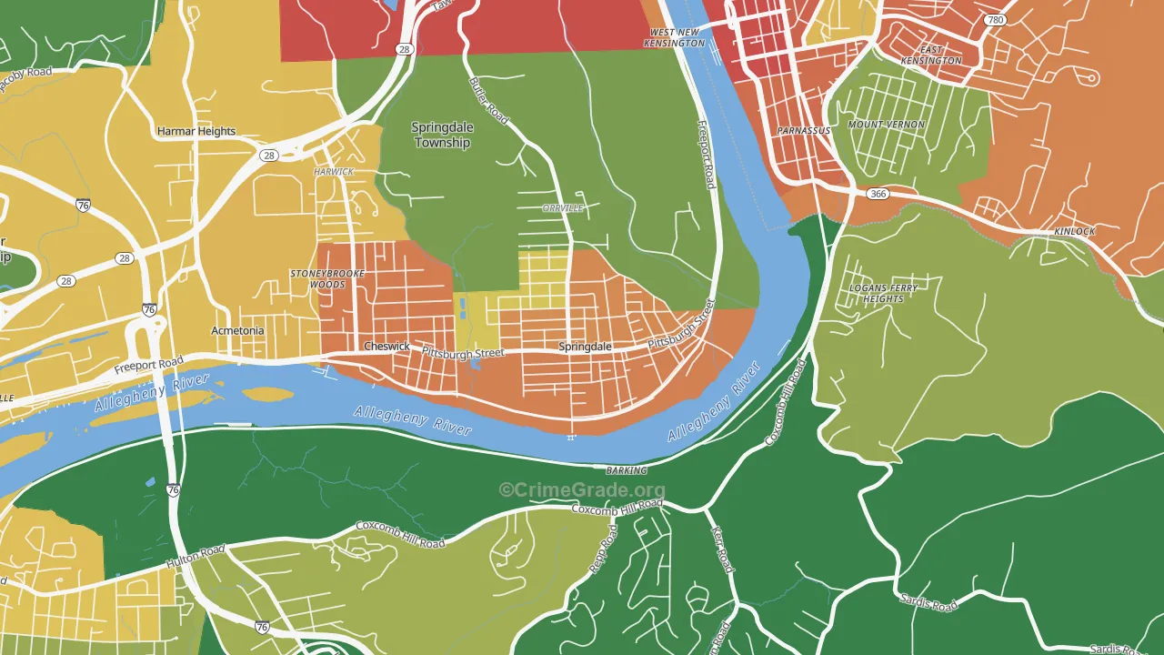Springdale, PA Map of Theft Rates