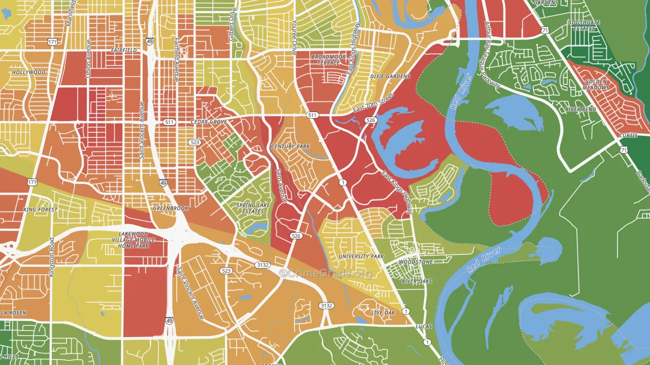 Springlake-University Terrace, Shreveport, LA Map of Theft Rates