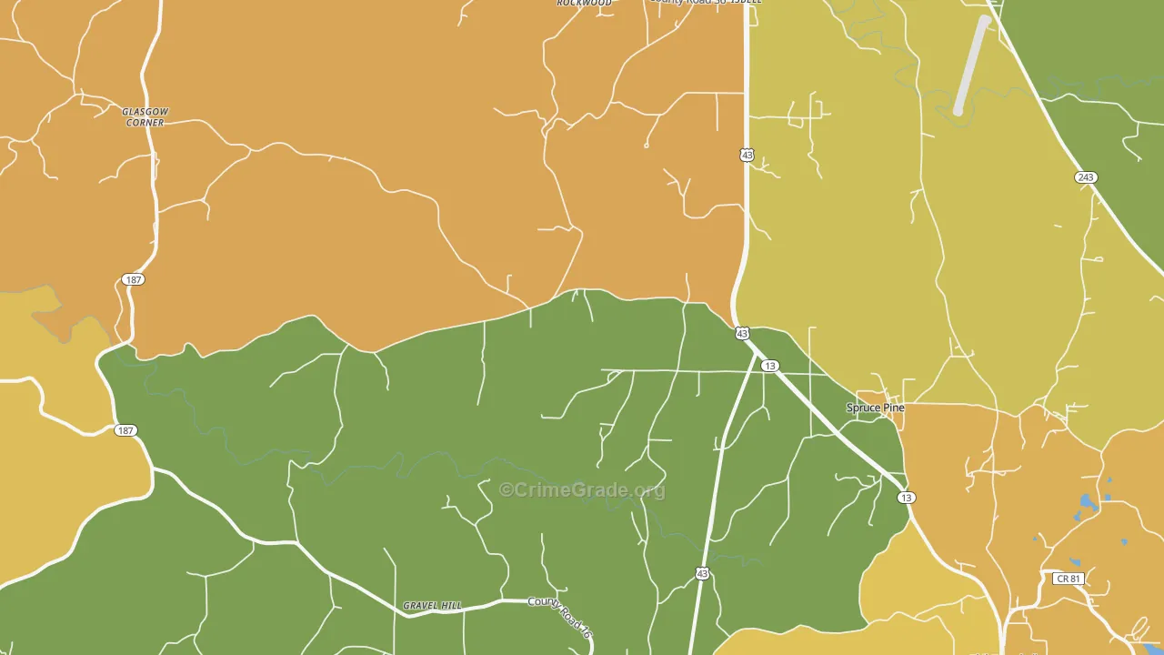Spruce Pine, AL Map of Theft Rates