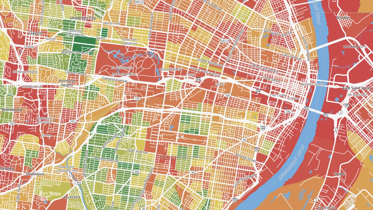 St. Louis City, MO Map of Theft Rates