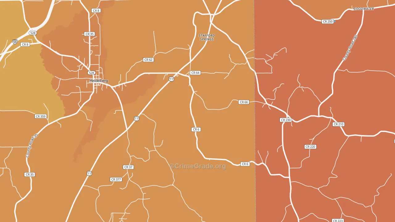 Stafford Springs, MS Map of Theft Rates