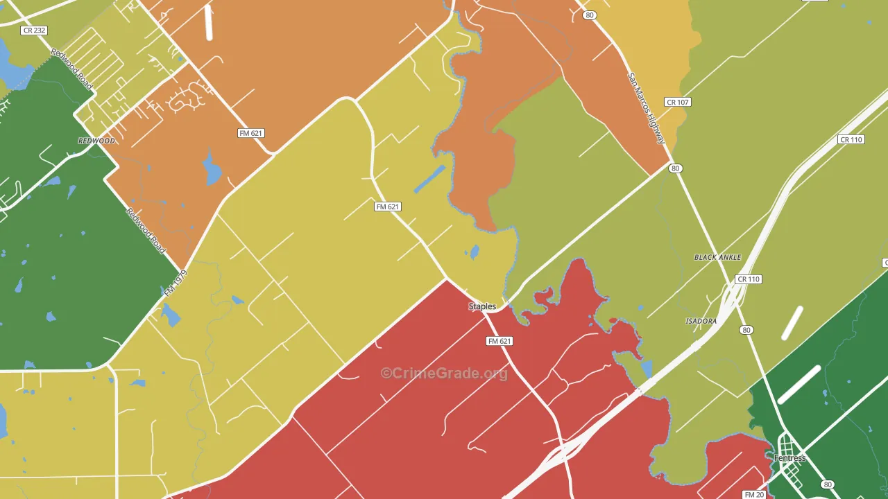 Staples, TX Map of Theft Rates
