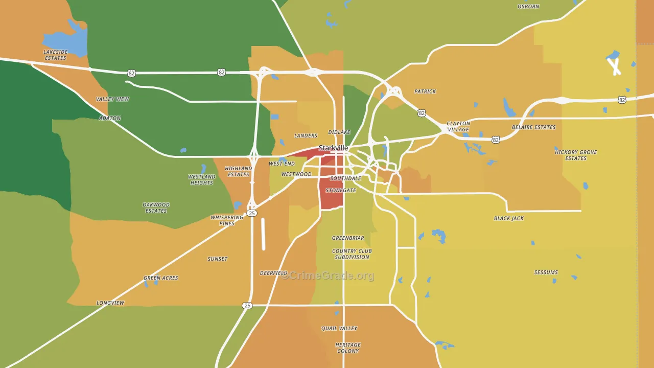 Starkville, MS Map of Theft Rates