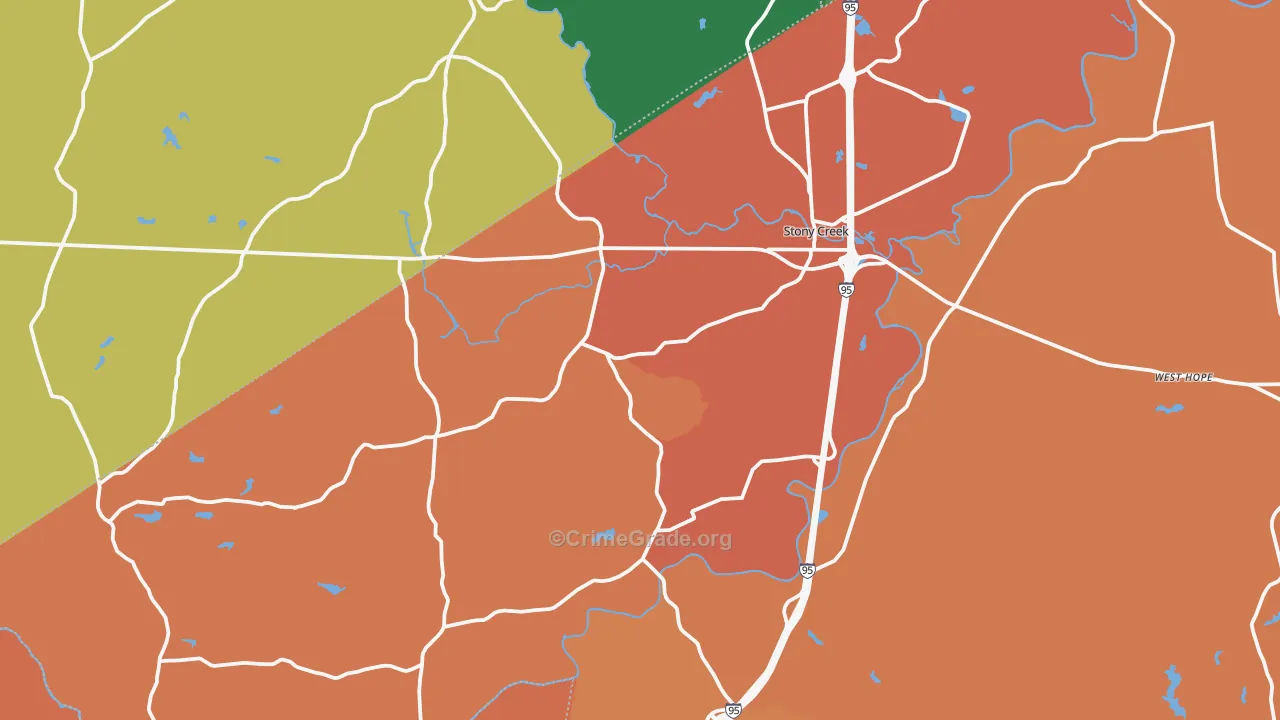 Stony Creek, VA Map of Theft Rates