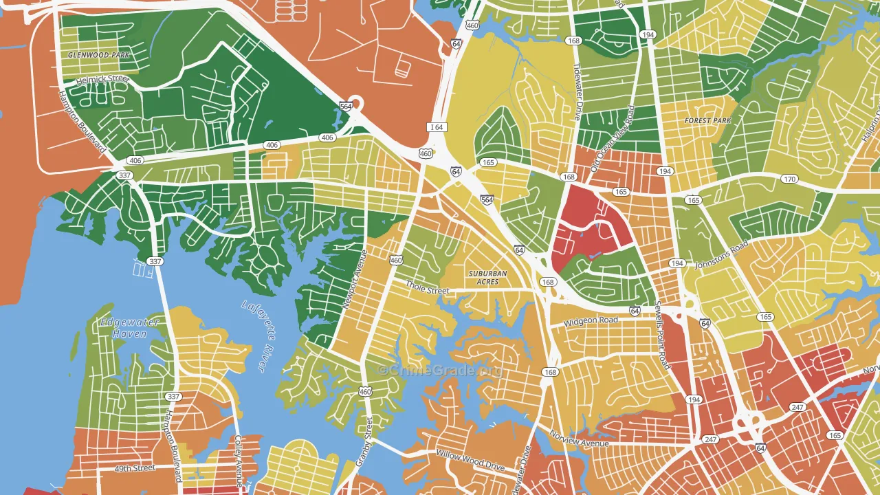 Suburban Acres, Norfolk, VA Map of Theft Rates