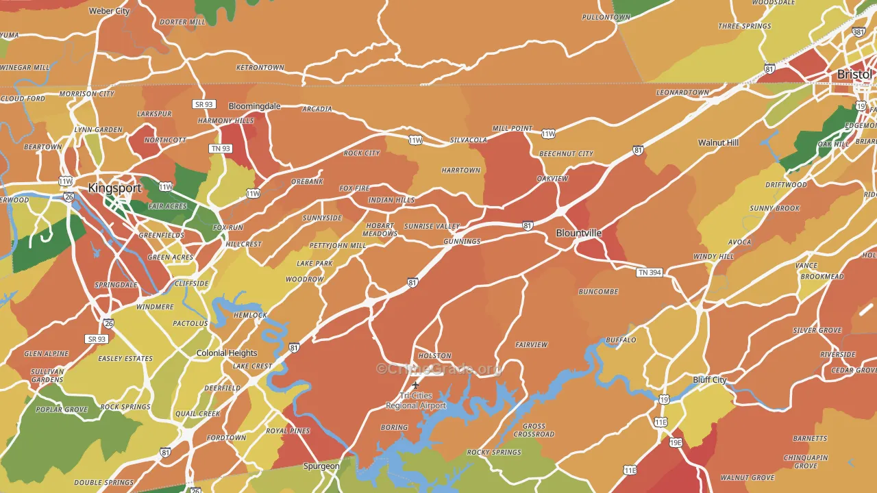 Sullivan County, TN Map of Theft Rates